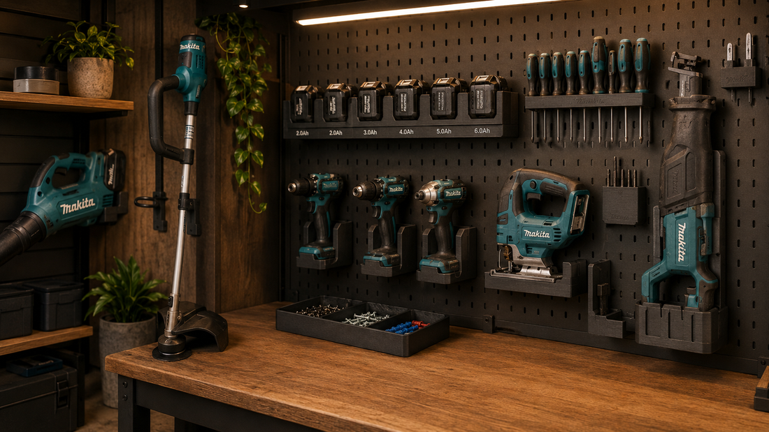 Makita accessoires en 3D-geprinte houders voor het organiseren van gereedschap in een werkplaats