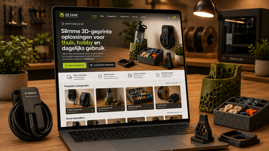 Vernieuwde homepage van 3DZaak met 3D-geprinte producten en accessoires