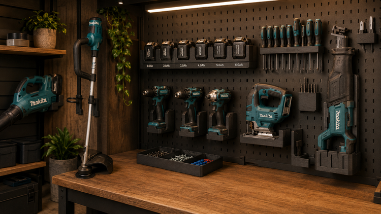 Makita accessoires en 3D-geprinte houders voor het organiseren van gereedschap in een werkplaats