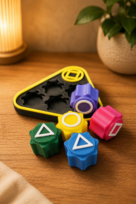 3D-geprinte Gonggi dobbelstenen Squid Game 2 edition met opbertray van 3DZaak