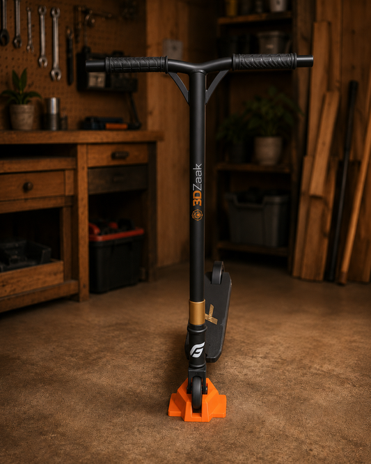 Step met oranje standaard van 3DZaak in een schuur, geschikt om een stuntstep netjes en stabiel neer te zetten