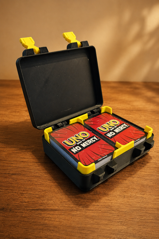 UNO No Mercy kaartenhouder 3D-geprint met vakken voor twee kaartstapels